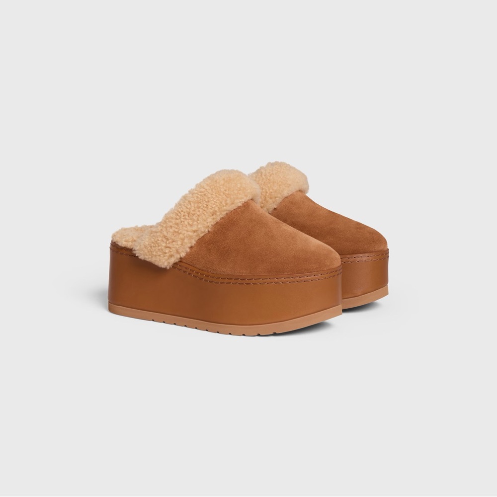 Celine Tan Suede Platform Mules with Shearling